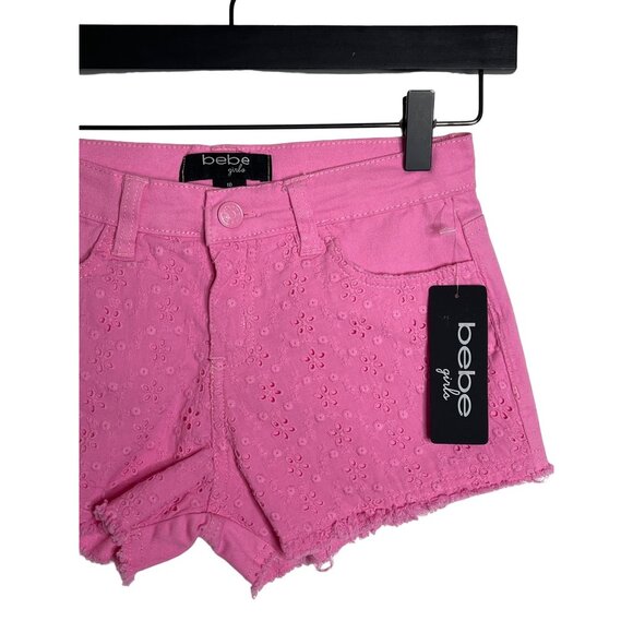 Bebe Shorts Girls Eyelet Embroidered Sz 10 Kids Cut Off Raw Hem Jean Denim Pink - Picture 3 of 10